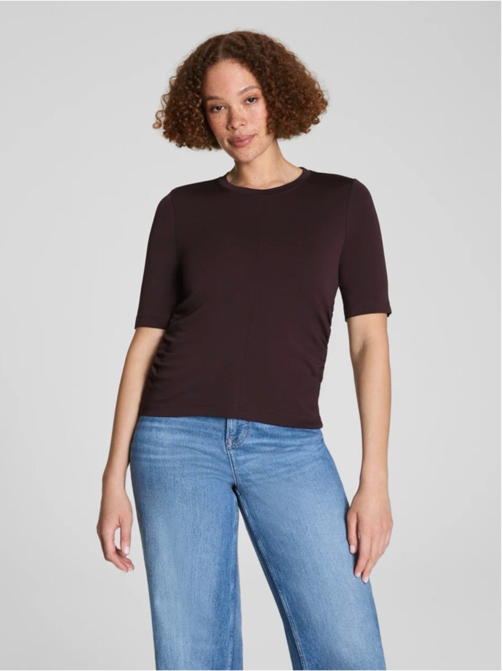SPANX sleek Jersey elbow sleeve ruched top in truffle Brown size large  EUC